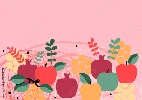 Jewish New Year, Rosh Hashanah Greeting card. Vector illustration with apple, pomegranate, Honey cell. Holiday banner