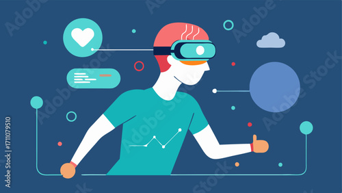Fitness Tracking A person exercising while wearing a BCI with metrics like calories burned and heart rate displayed as holographic images linked to their brain activity.