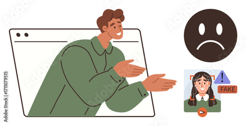 Man reaching out from browser window, warning about fake content. Sad face icon and fake account alert symbol included. Ideal for awareness, cybersecurity, online safety, education, trust, media