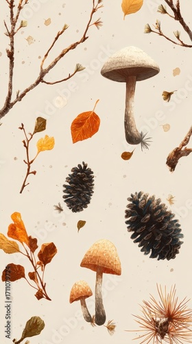 Autumn foliage and nature-inspired illustration with pinecones, mushrooms, and leaves