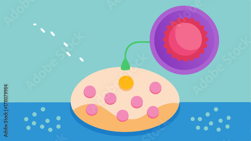 Exosome Delivery An illustration showing a of colorful exosome particles being delivered to a skin cell depicting healing.