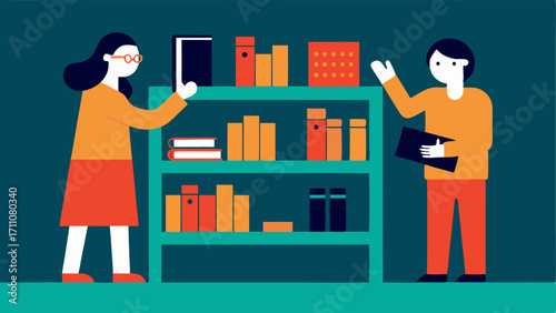 Braille Bookshelves An illustration of a shelf filled with Braille books with a visually impaired person using their fingers to read the text while another patron admires the