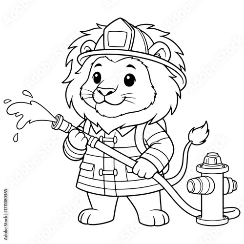 Cute Lion Firefighter Spraying Water with Hose Coloring Page Vector Illustration