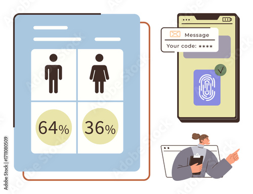 Gender data chart with figures and percentages, phone with fingerprint scan and secure code, person multitasking on multiple devices. Ideal for data analysis, security, multitasking, workflow