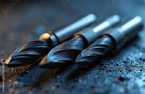 Tungsten carbide cutters on metal surface. Close-up view of drill bits with sharp edges. Industrial tools for precision cutting and milling. Metalworking equipment for drilling and carving.