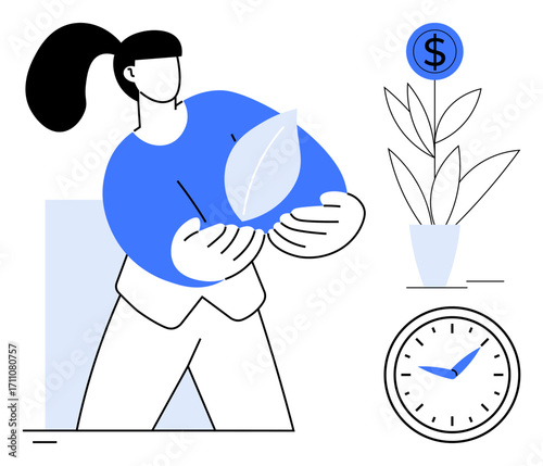 Person holds leaf symbolizing sustainability, plant with dollar sign shows growth, clock suggests time. Ideal for environment, finance, investment, time management, productivity, eco-consciousness