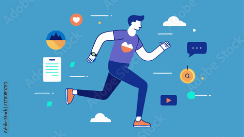 Fitness Activity A person jogging outdoors with a wearable body scanner on their arm surrounded by digital icons displaying calories burned and distance traveled.