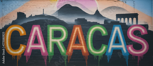 Vibrant Caracas Street Art Mural with Colorful Graffiti Letters and Urban Venezuelan Skyline on Brick Wall, Transparent Background