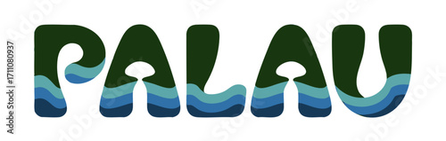 Palau text logo in layered ocean-inspired colors, tropical island font with abstract waves, isolated on transparent background