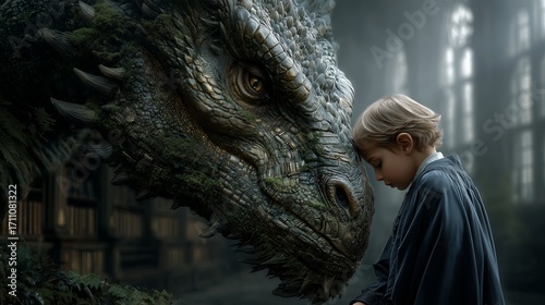 A young boy gently touches the nose of a massive, friendly dragon in a mystical forest. The scene blends fantasy and warmth, evoking wonder and connection.