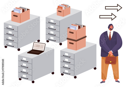 Man carrying bag beside filing cabinets stacked with documents and boxes, laptop atop cabinet, directional arrows signaling movement. Ideal for career shift, relocation, organization, workflow