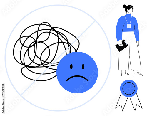 Tangled scribbles crossed out beside sad face, woman holding document, ribbon icon. Ideal for clarity, focus, mental health, problem-solving, productivity achievement support. Simple flat metaphor