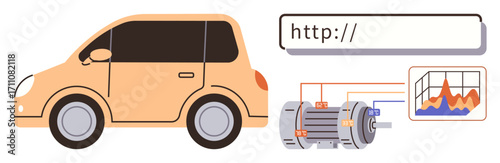 Orange car beside a motor diagram, URL bar, and data graph conveying technology, innovation, and analysis. Ideal for automotive industry, research, IoT, automation data analytics software