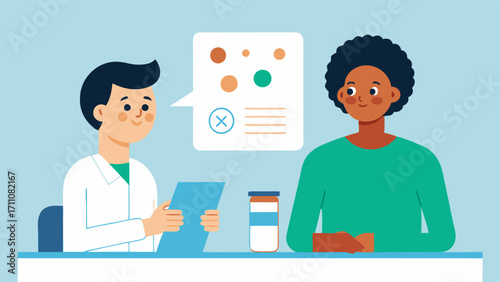 Consultation Scene A vector showing a client discussing their skin goals with a practitioner with skin charts and exosome samples on the table.