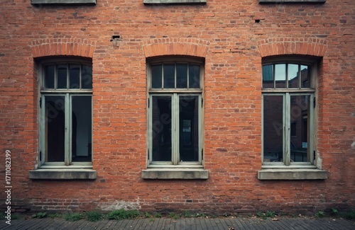 Old brick building facade with arched windows. The weathered red brick wall shows signs of age and history. Cobblestone pavement lies at the base of the structure.