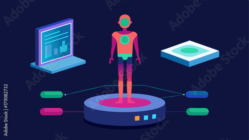 Data Visualization A floating holographic display next to the scanner showing a colorful rotating 3D model of a human body emphasizing different anatomical features.