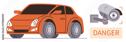 Compact orange car beside a surveillance camera marked with a red danger alert. Ideal for security, surveillance, road safety, crime prevention, warning systems, vehicle monitoring, and privacy