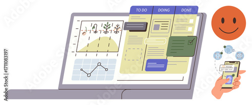 Laptop displaying task board and analytics charts alongside hand holding smartphone with apps. Ideal for time management, workflow optimization, productivity, teamwork, project planning, goal
