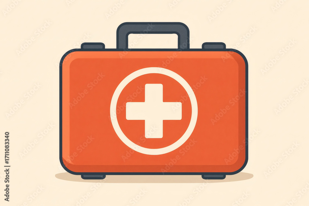 Fototapeta premium A red first aid kit with a white cross symbol on the front. The kit is closed and has a sturdy handle. It is set against a light beige background.
