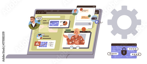 Laptop screen featuring video calls, data charts, settings gear, and security lock. Ideal for online collaboration, virtual meetings, data analytics, cybersecurity, tech integration remote work