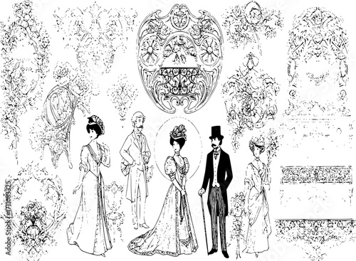 Belle epoque parisian design elements collection: vintage engravings for cards and posters
