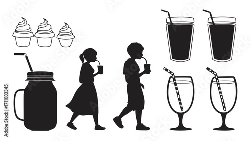 Flat black-and-white icon collection of smoothie jars, milkshake glasses, and juice cups in silhouette.