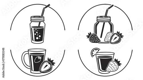 Flat black-and-white icon collection of smoothie jars, milkshake glasses, and juice cups in silhouette.