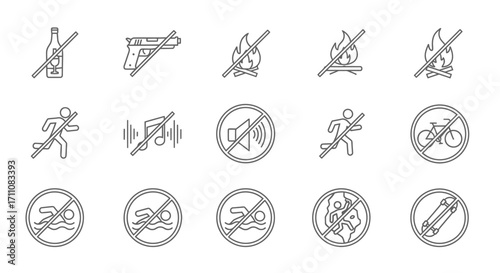 A collection of prohibition icons depicting various forbidden activities, including alcohol, weapons, fire, noise, swimming, and cycling, all crossed out with a diagonal line.