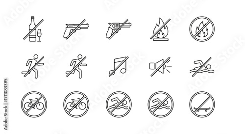 A collection of prohibition signs depicted as line art, showing various forbidden activities including alcohol, firearms, fire, running, music, swimming, cyc...