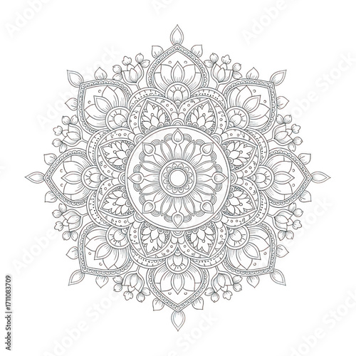 Intricate black and white mandala coloring page isolated on transparent background