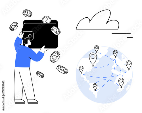 Person holding a wallet as coins scatter beside a globe with location icons connected by lines. Ideal for global transactions, international business, e-commerce, money transfer, fintech solutions
