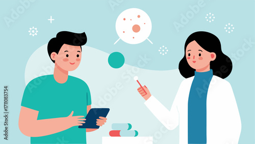 Client and Clinician Interaction A friendly interaction scene showing a clinician explaining the microneedling and exosome process to a client emphasizing communication and trust.
