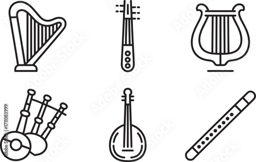Stringed Instruments Vector Set Featuring Harp, Lute, Lyre, Bagpipes, Mandolin, and Flute on Transparent Field