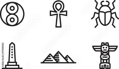 Ancient Egyptian Icons Set Depicting Yin Yang, Ankh, Scarab, Obelisk, Pyramid, and Totem Pole for Design