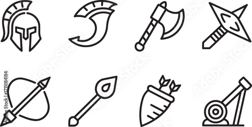 Ancient Warfare and Weaponry Icons Set Line Style Featuring Helmet, Spear, and Battle Axe