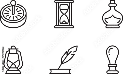 Antique Exploration Icons Set Depicting Compass, Hourglass, Potion, Lantern, Quill, and Seal for Historical Themes