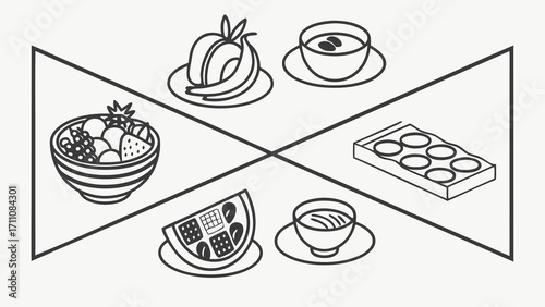 Minimal food icon set in black-and-white: bowls of fruit, simple plates, and cups, arranged evenly in a grid.