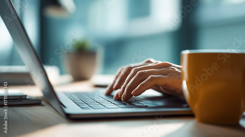 ノートパソコンを操作する手元とカップ