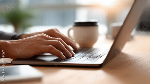 ノートパソコンを使う手元と白いカップ