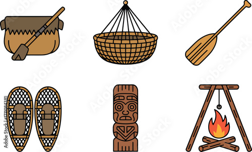 Indigenous Culture Artifacts Vector Illustration Featuring Traditional Tools and Cultural Symbols