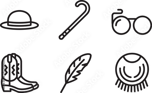 Linear Style Icons Depicting Old West Accessories on a Transparent Backdrop for Creative Projects