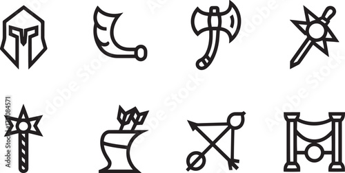 Medieval Weaponry Icons Set Featuring Helmet, Horn, Axe, Mace, Arrows, and Gate for Design Projects