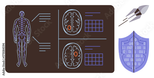 Brain scans with highlighted areas, nervous system diagram, binary-coded shield, and a rocket highlight themes of neuroscience, AI, technology, data security, innovation and exploration. Ideal