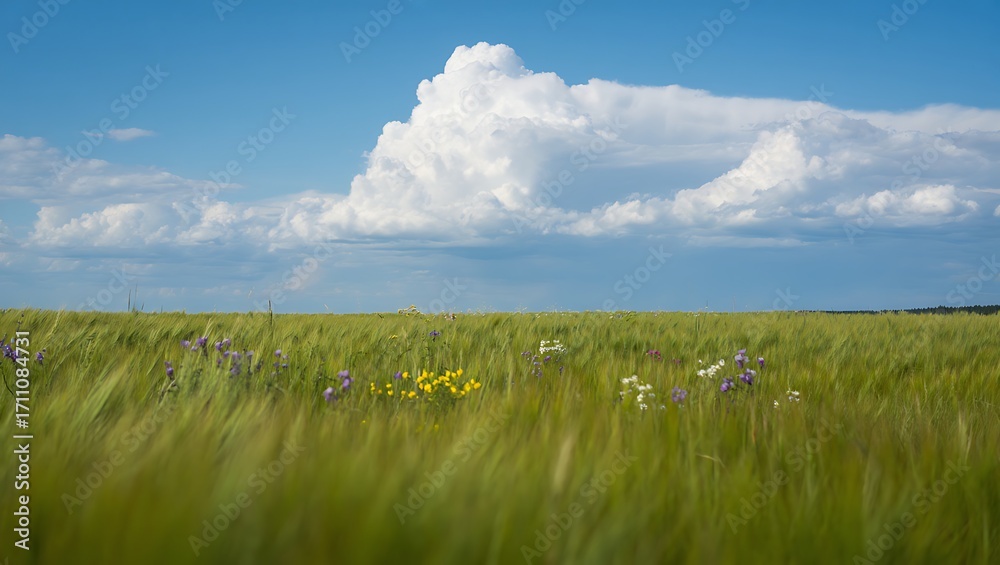 Fototapeta premium Green wheat field with wildflowers and beautiful cloudscape
