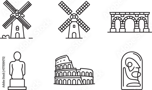 Set of Linear Style Icons Representing Historical Landmarks on a Transparent Background