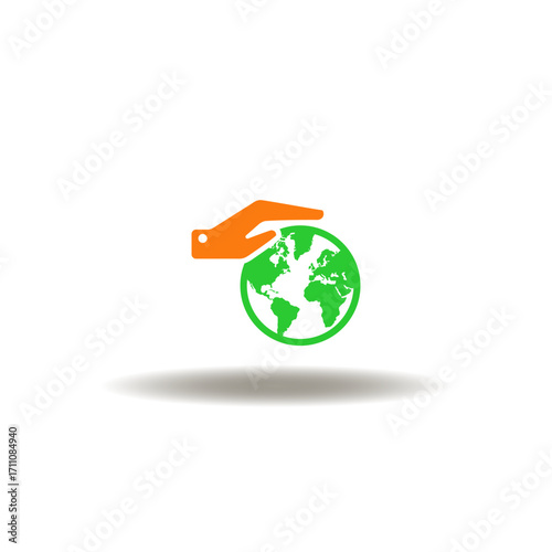 Vector illustration of care hand a earth planet. Symbol of green eco energy saving sustainable. Icon of ESG investment.