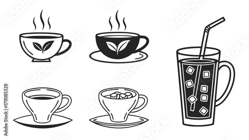 Black-and-white flat silhouette icons of teacups, coffee mugs, and iced tea glasses, clean and minimal.
