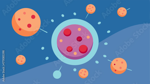Exosome Release A depiction of a cell releasing exosomes into the surrounding environment with several exosomes moving towards skin cells.