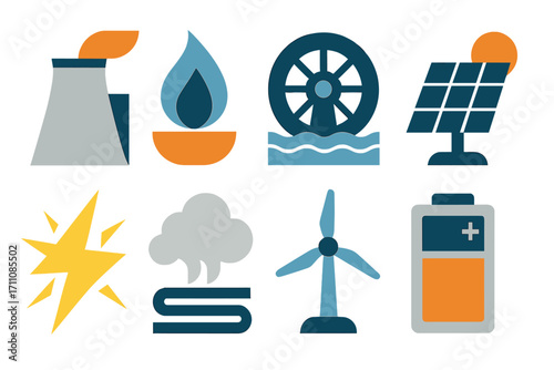Renewable energy flat icons set. featuring solar panel, wind turbine, hydroelectric, battery, and flame symbols