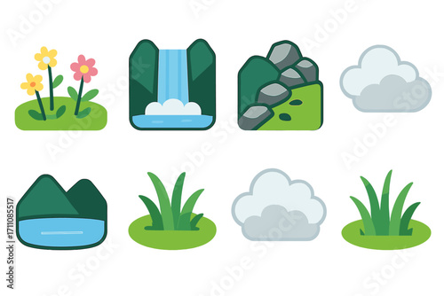 Nature and gardening flat icon set. featuring flowers, waterfall, rocks, clouds, mountains, and grass illustrations